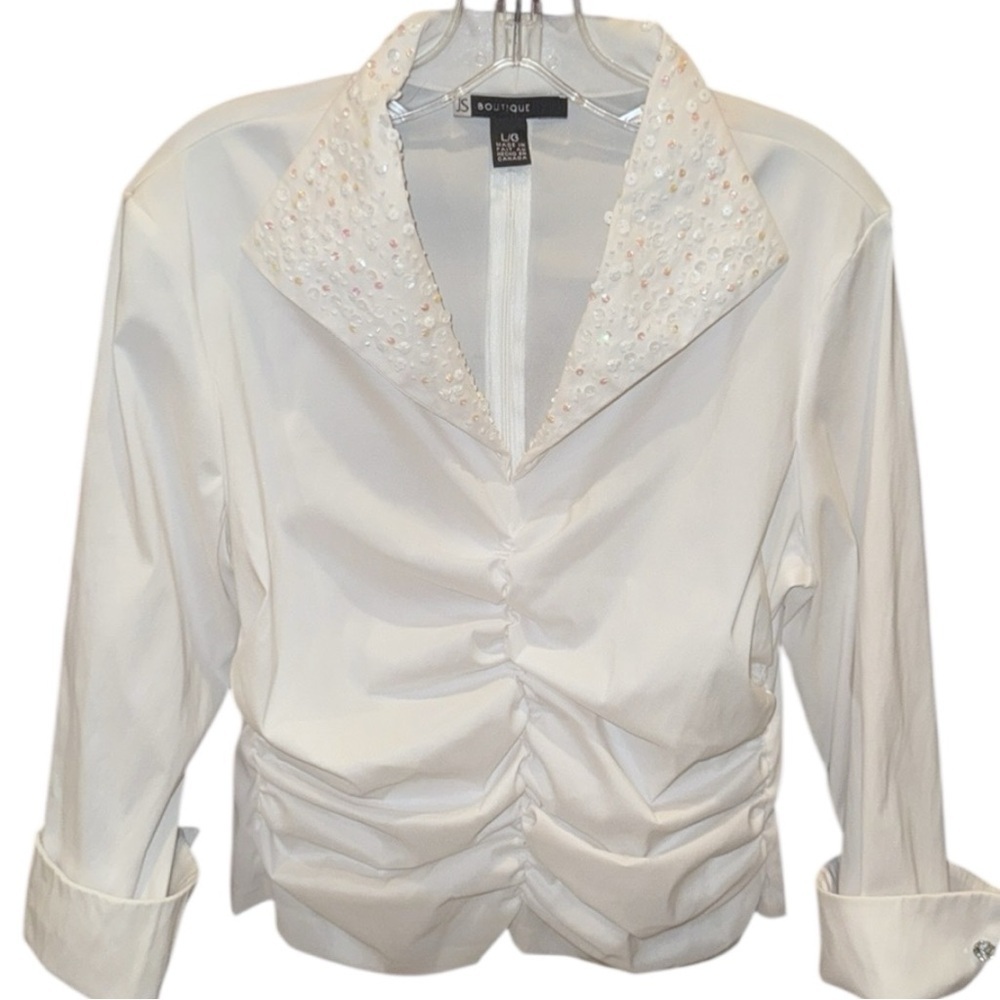JS Boutique White Ruched Top Embellished Lapel Taffeta French Cuff 3/4 Sleeve LG